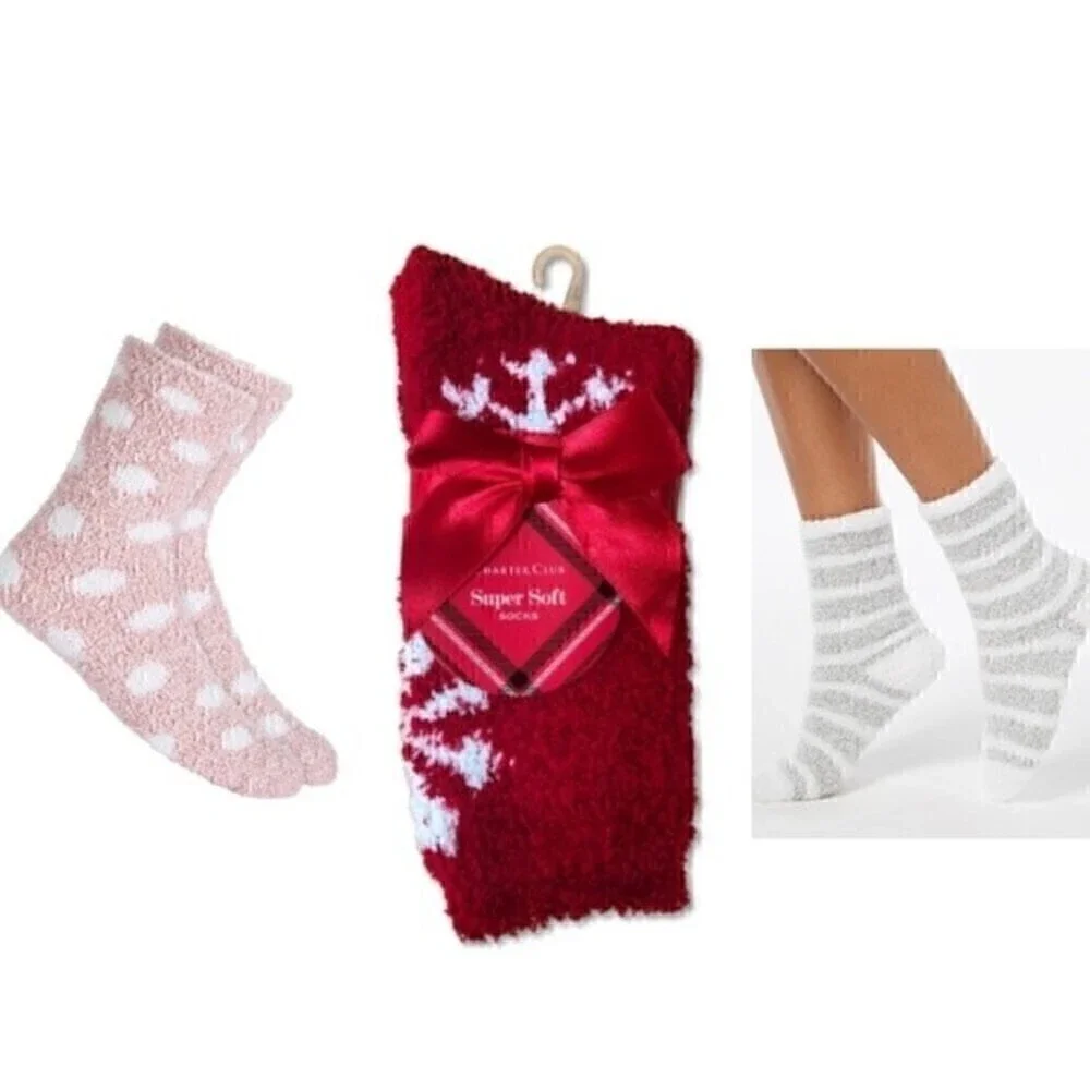 3 Set Charter Club Womens Size 9-11 Butter Super Soft Cozy Crew Socks pink red …
